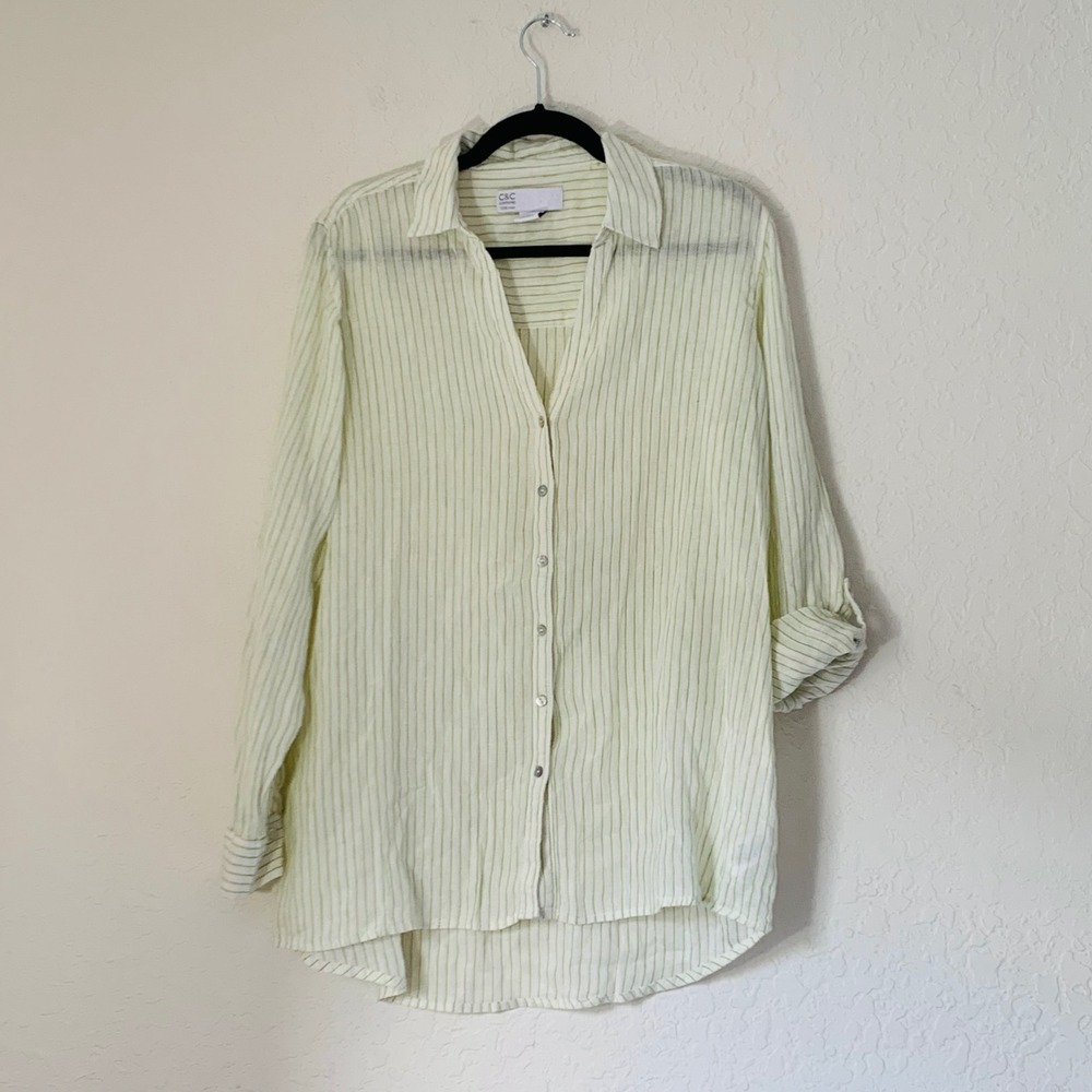 C&C California Womens 100% Linen Striped Roll Tab Button Down Shirt Lime Green M